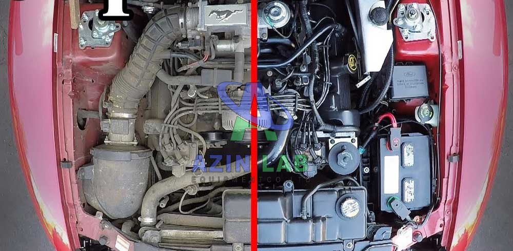 تصویر قبل و بعد تمیز کاری داخل کاپوت ماشین